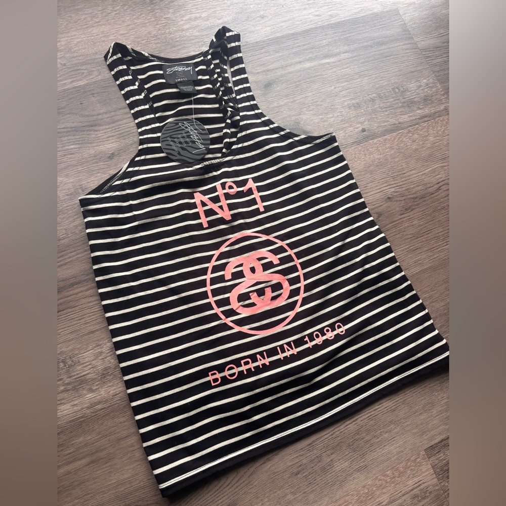 Stussy Black and White Striped Open Back Tank